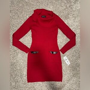 Nwt BCX Vibrant Red Sexy Knit Sweater  Dress Leather Pockets